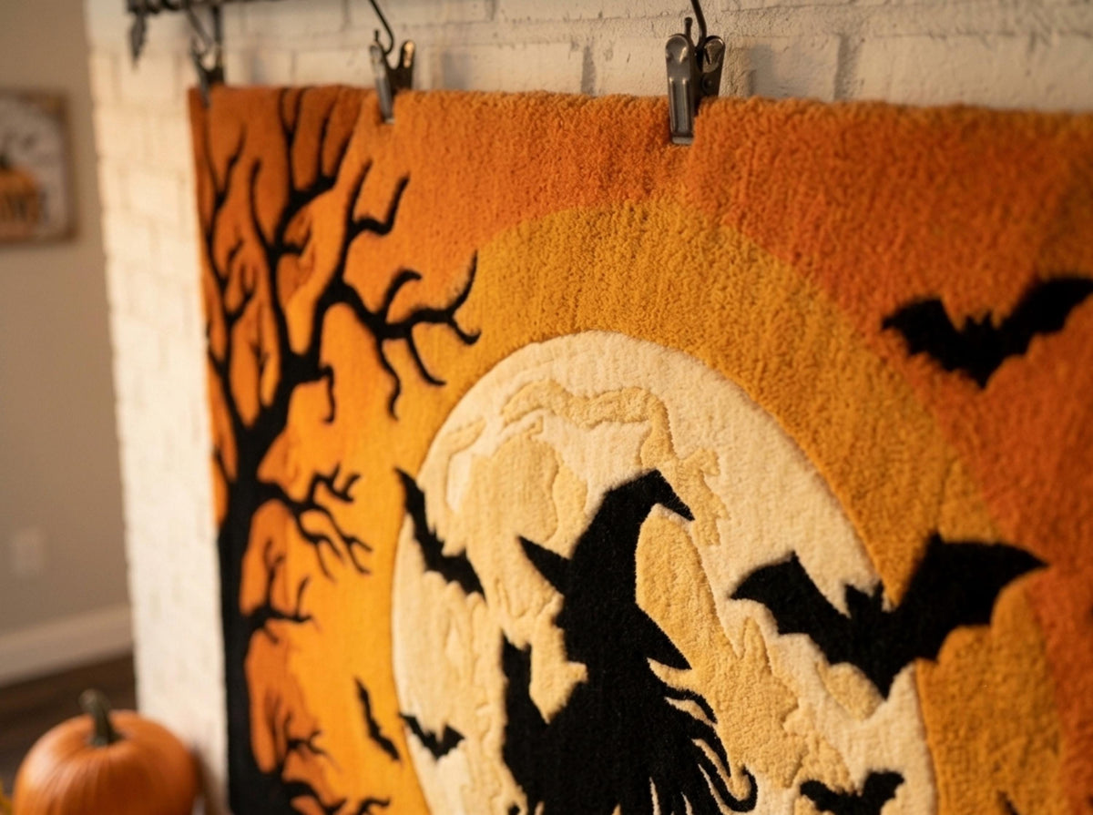 Halloween Witch Rug, Hand Tufted New Zealand Wool Rug, Gothic Orange Moon Bat Carpet, Spooky Fall Decor, Halloween Living Room Rug