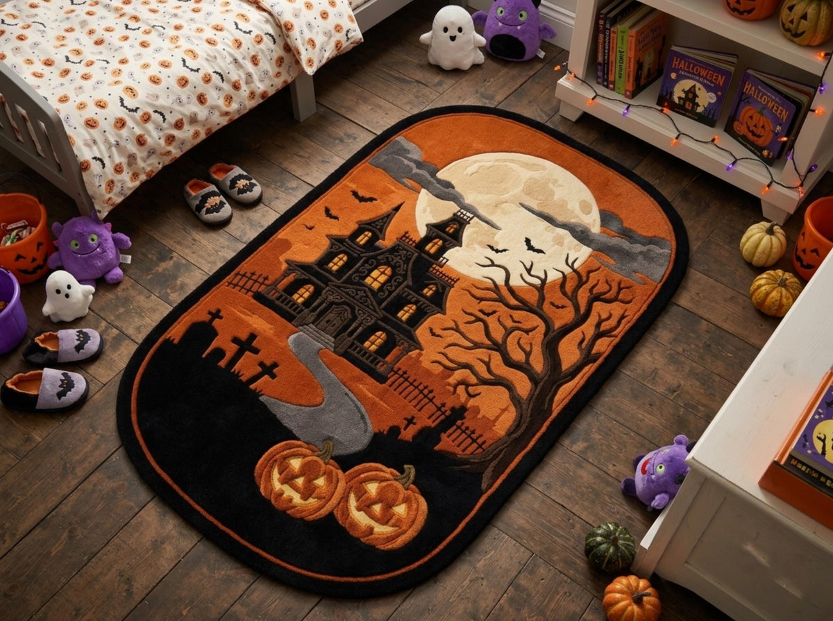 Hand Tufted New Zealand Wool Halloween Rug, Haunted House, Gothic Pumpkin Area Rug