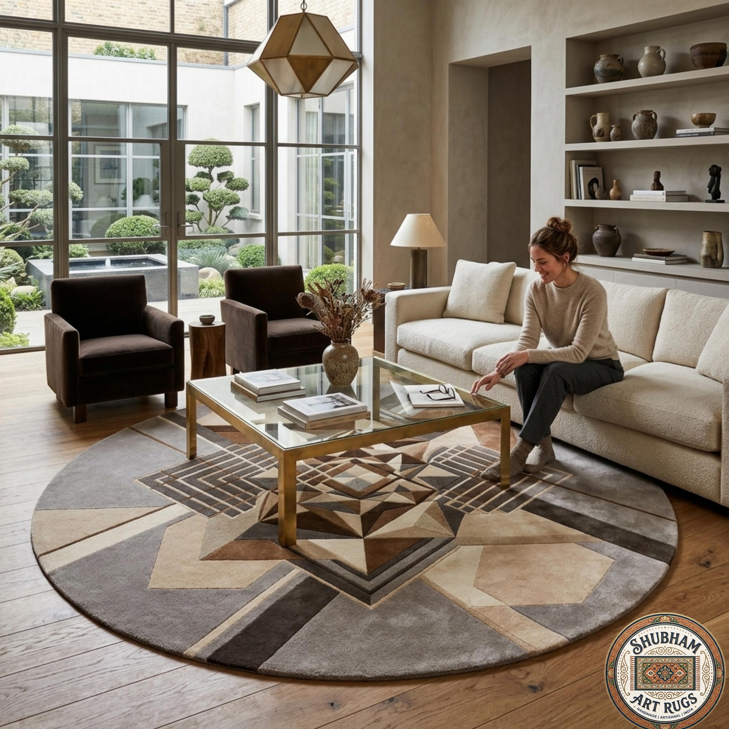 Hand Tufted Wool Rug: Modern Geometric Abstract Brown Beige Carpet
