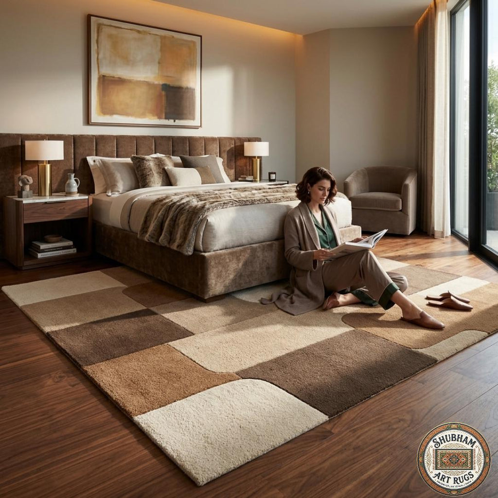 Hand Tufted Wool Area Rug, Modern Geometric Abstract Carpet, Beige Brown Living Room Rug