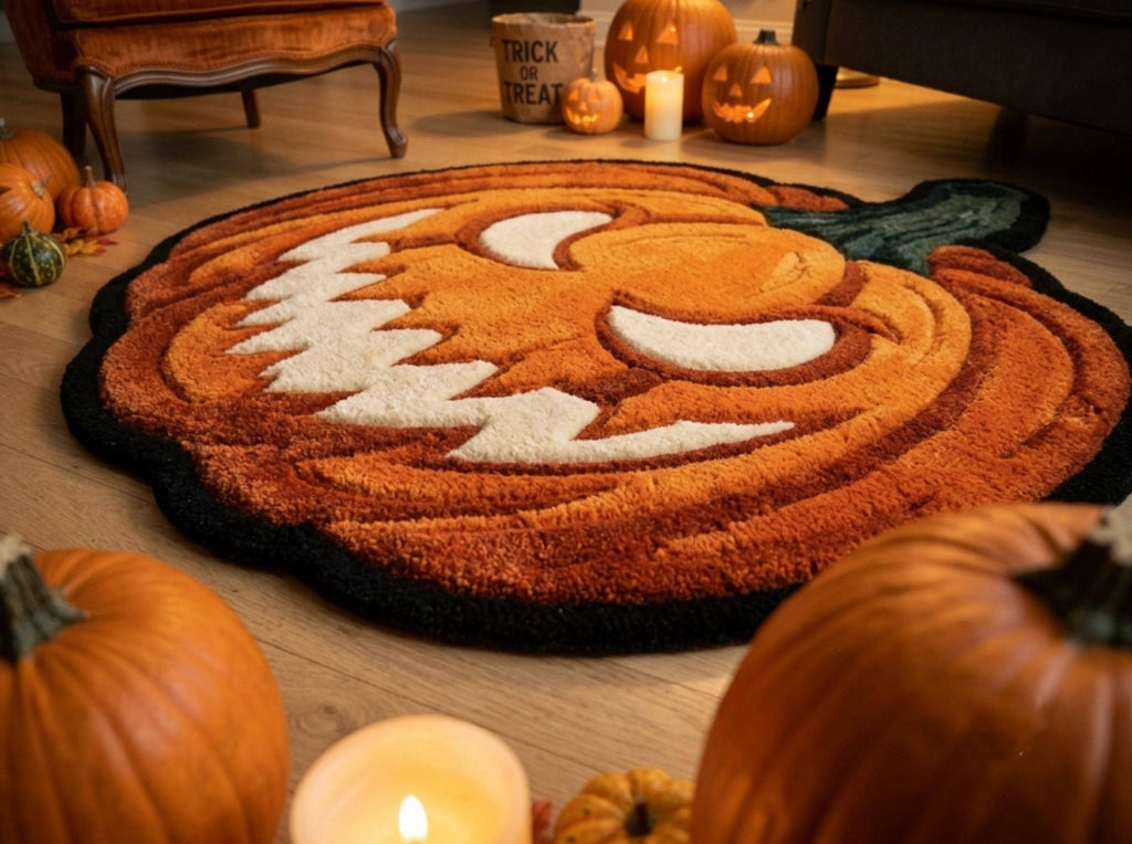 Halloween Pumpkin Rug, Hand Tufted New Zealand Wool, Jack O Lantern Area Rug, Spooky Fall Decor, Gothic Halloween Home Gift Decor!