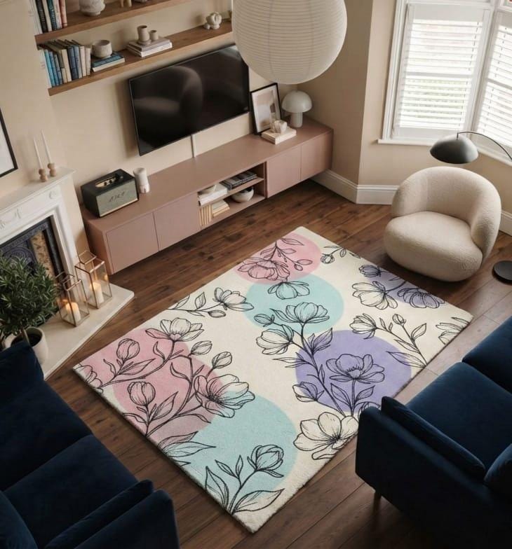 Hand Tufted Wool Floral Rug Pastel Botanical Area Carpet Modern Cottage Decor Living Room Bedroom Carpet