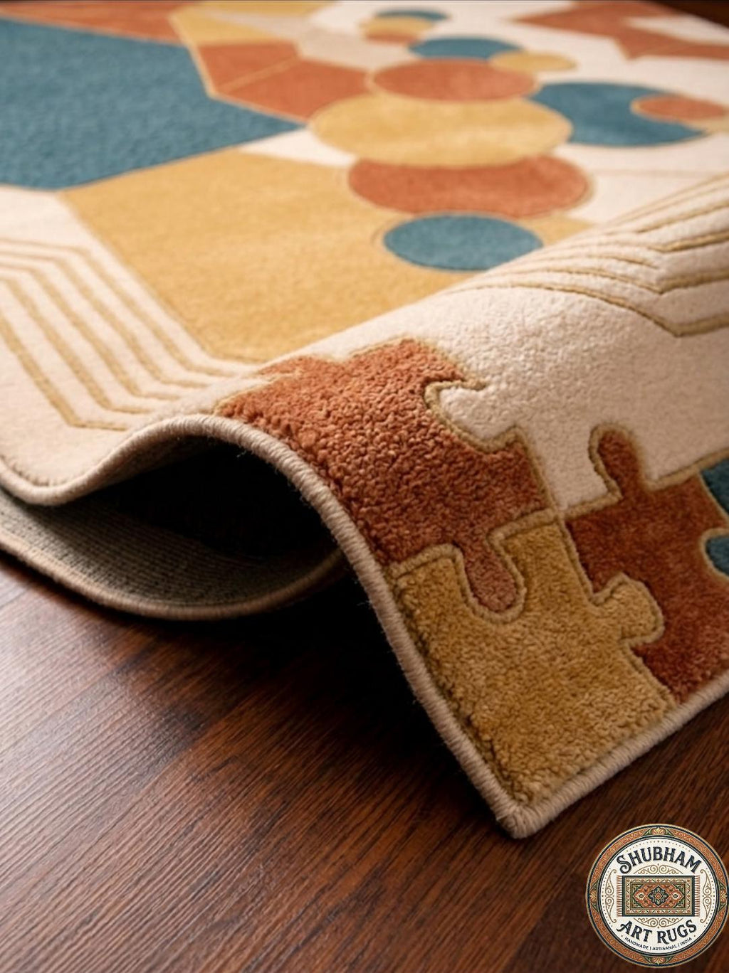 Hand Tufted Wool Rug, Abstract Geometric Puzzle Design, Modern Boho Carpet