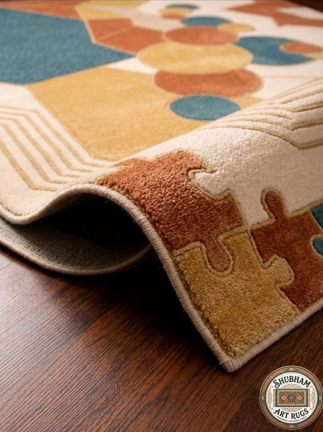 Hand Tufted Wool Rug, Abstract Geometric Puzzle Design, Modern Boho Carpet