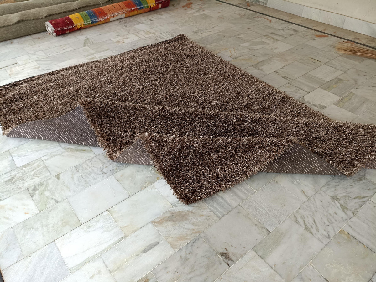 Shaggy Wool Silk Blend Rug 6x9 Ft Brown Beige Plush Modern Carpet