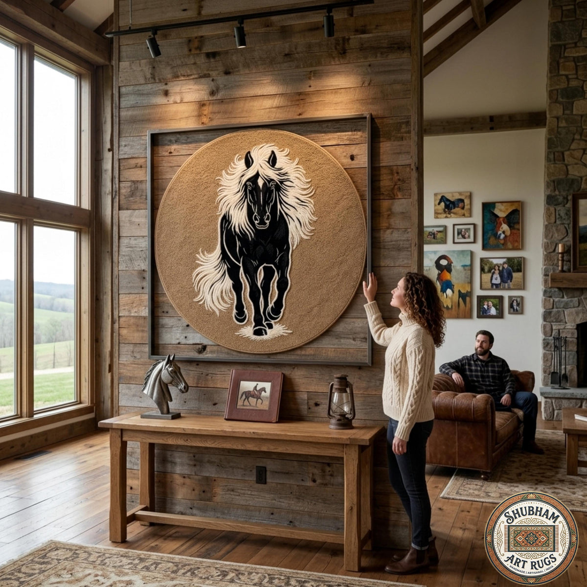 Hand Tufted Black Horse Wool Rug, Artistic Animal Area Carpet