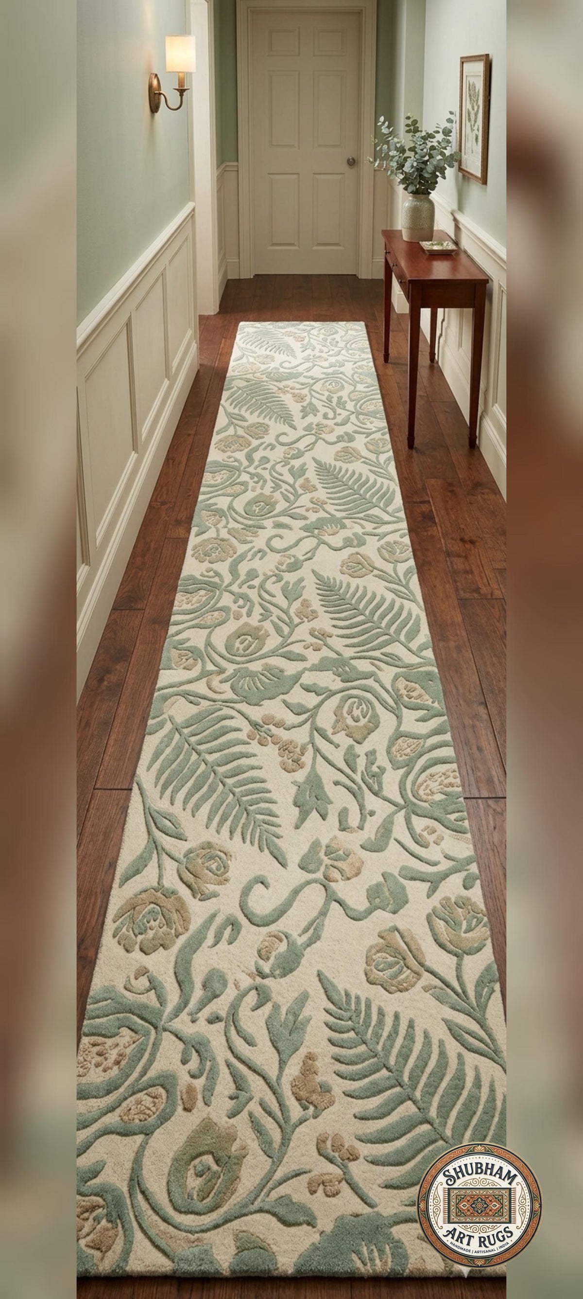 Hand Tufted Wool Rug, Botanical Design, Green Beige, Custom Size Area Carpet