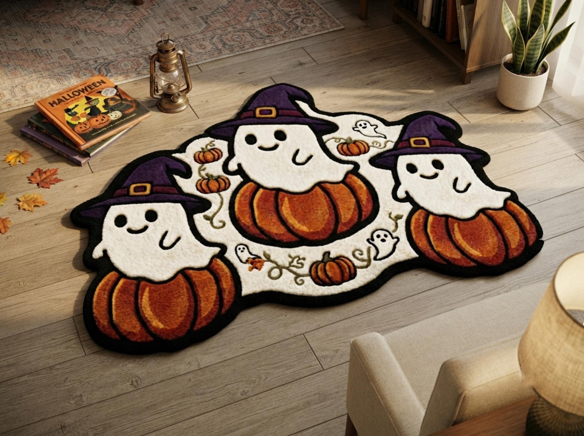 Hand Tufted New Zealand Wool Halloween Rug, Ghosts, Pumpkins, Witch Hats (Custom Shape)