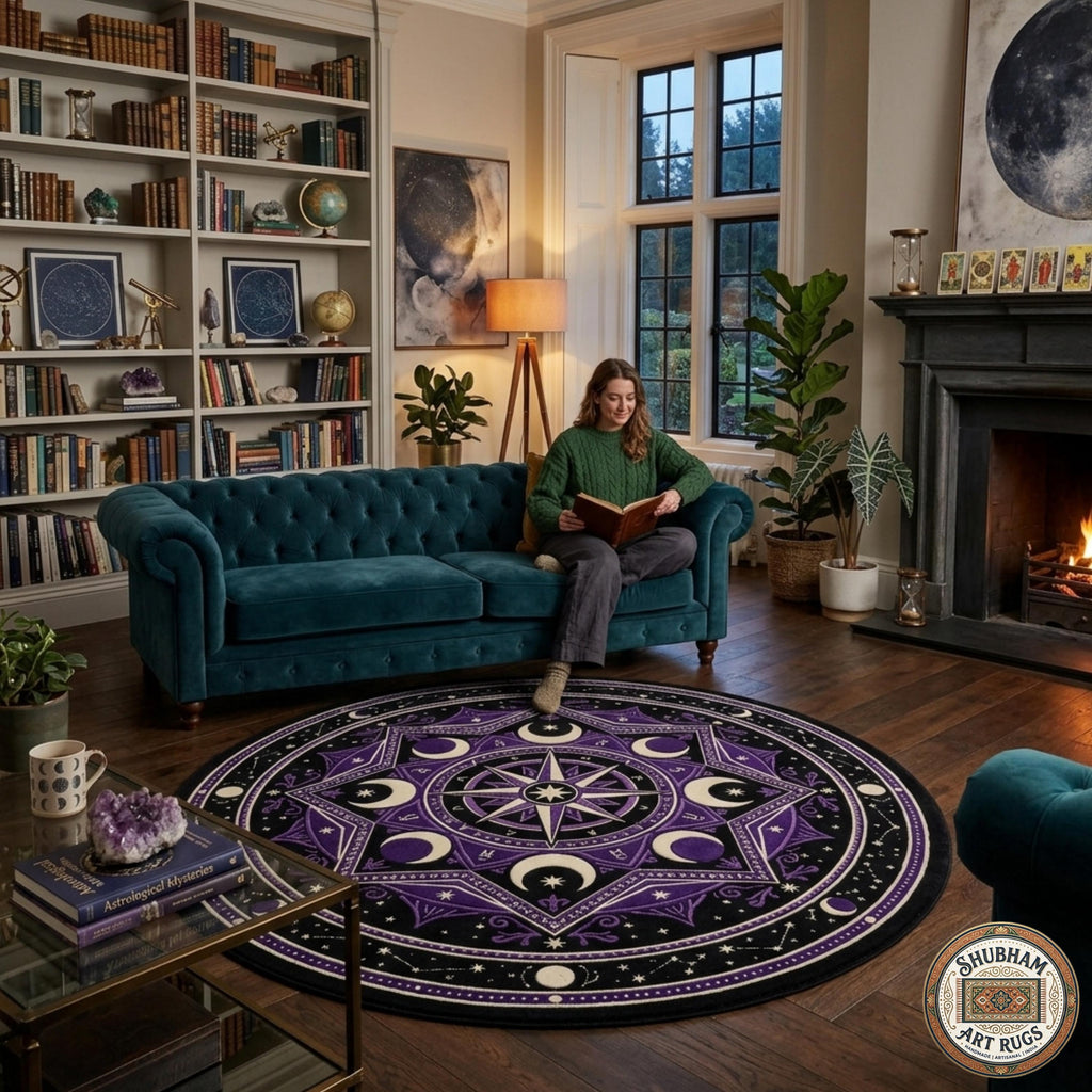 Hand Tufted Wool Celestial Rug, Purple Moon Star Carpet, Gothic Astrology Round Area Rug