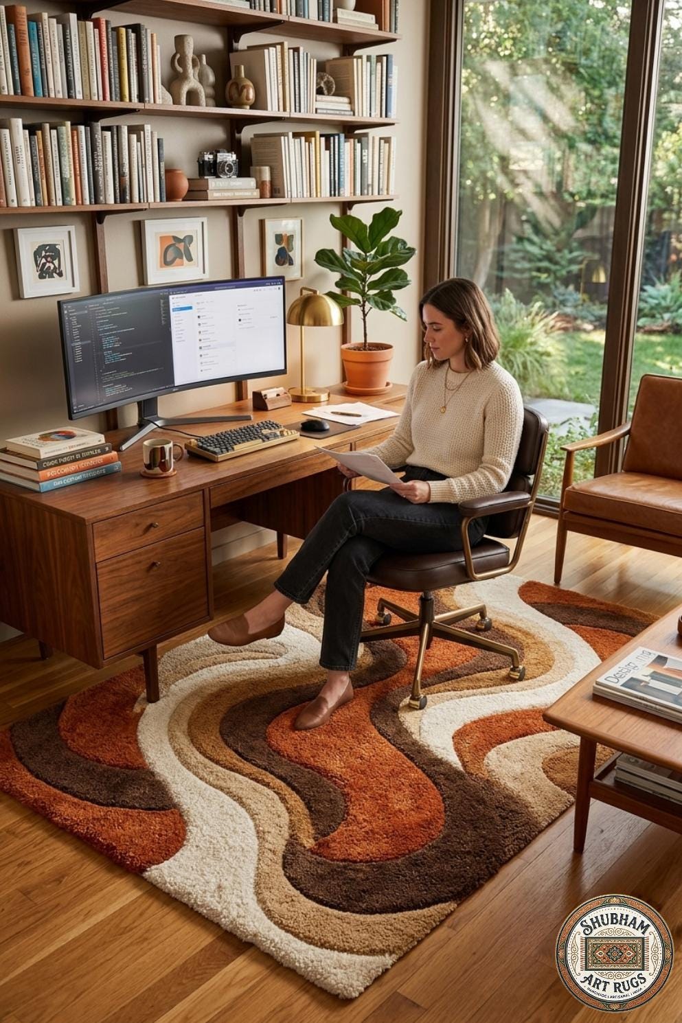 Hand Tufted Wool Rug: Retro Wave Abstract Design, Living Room Bedroom Carpet