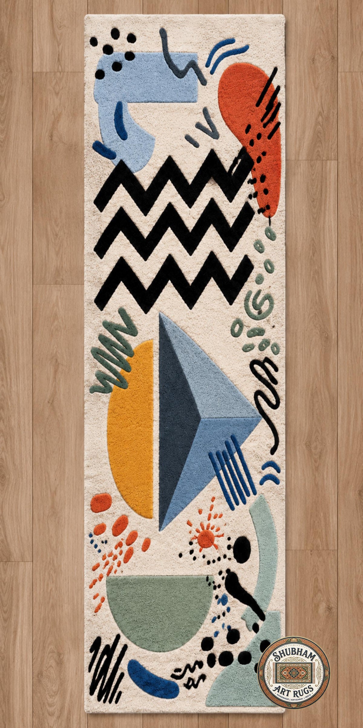 Abstract Hand Tufted Wool Rug, Geometric Indian Carpet, Luxury Living Room Area Rug