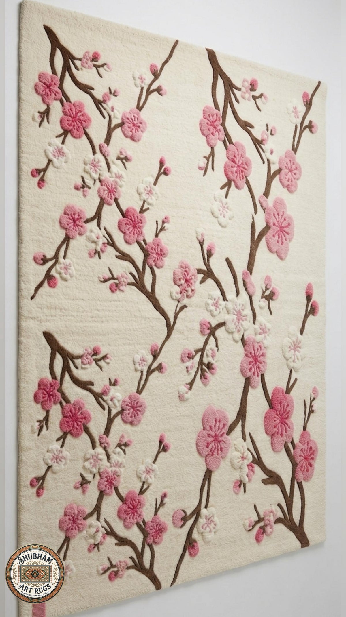 Hand Tufted Wool Cherry Blossom Rug, New Zealand Wool Botanical Carpet