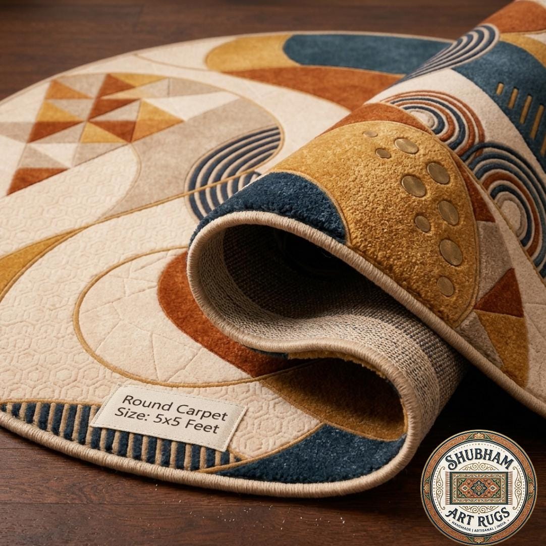 Hand Tufted Wool Area Rug, Modern Abstract Geometric Carpet, Beige Teal Rust Living Room