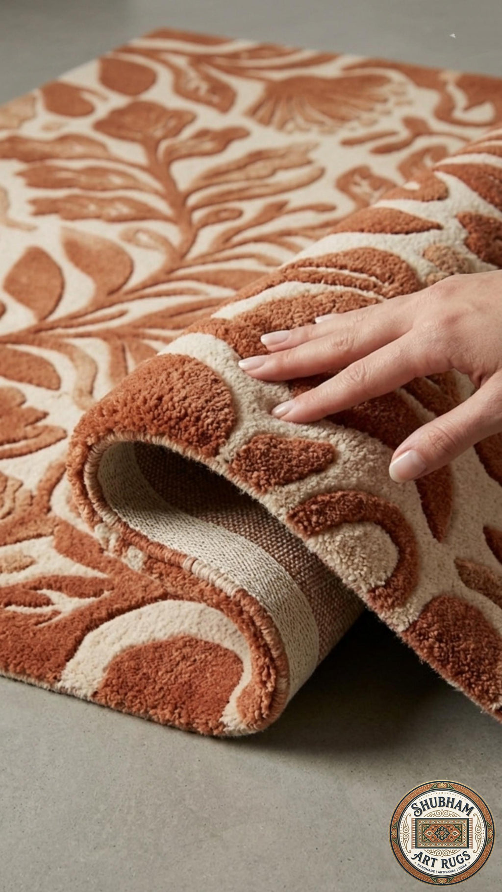 Hand Tufted Wool Rug, Abstract Botanical Terracotta, Modern Floral Area Carpet