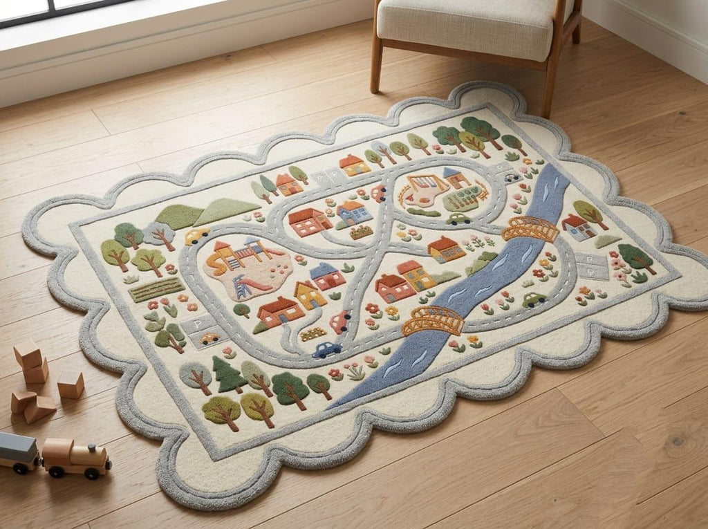 Hand Tufted New Zealand Wool Kids Road Map Rug Scalloped Border Playroom Boho Living Room Carpet