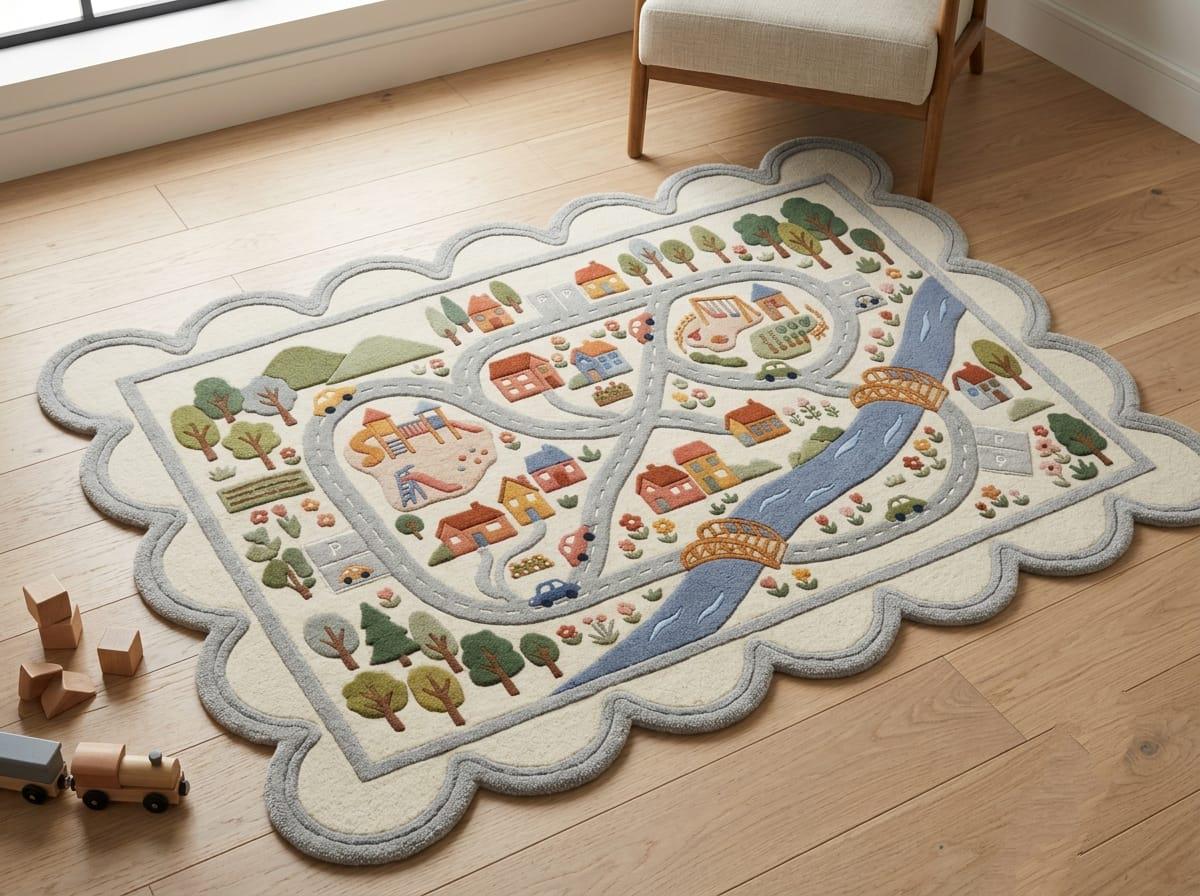 Hand Tufted New Zealand Wool Kids Road Map Rug Scalloped Border Playroom Boho Living Room Carpet