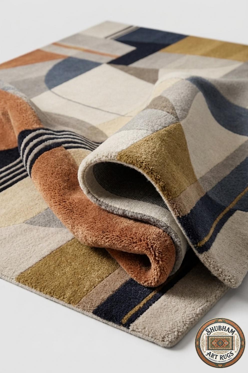 Hand Tufted Wool Rug: Modern Abstract Geometric Area Carpet, Neutral Beige Home Decor