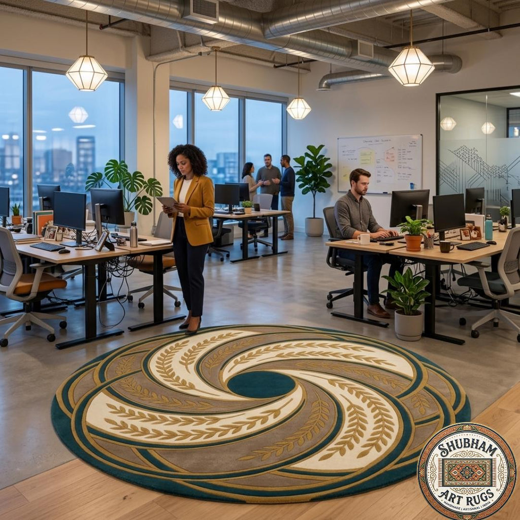 Hand Tufted Wool Rug: Abstract Swirl Leaf Design, Green Beige Gold Carpet