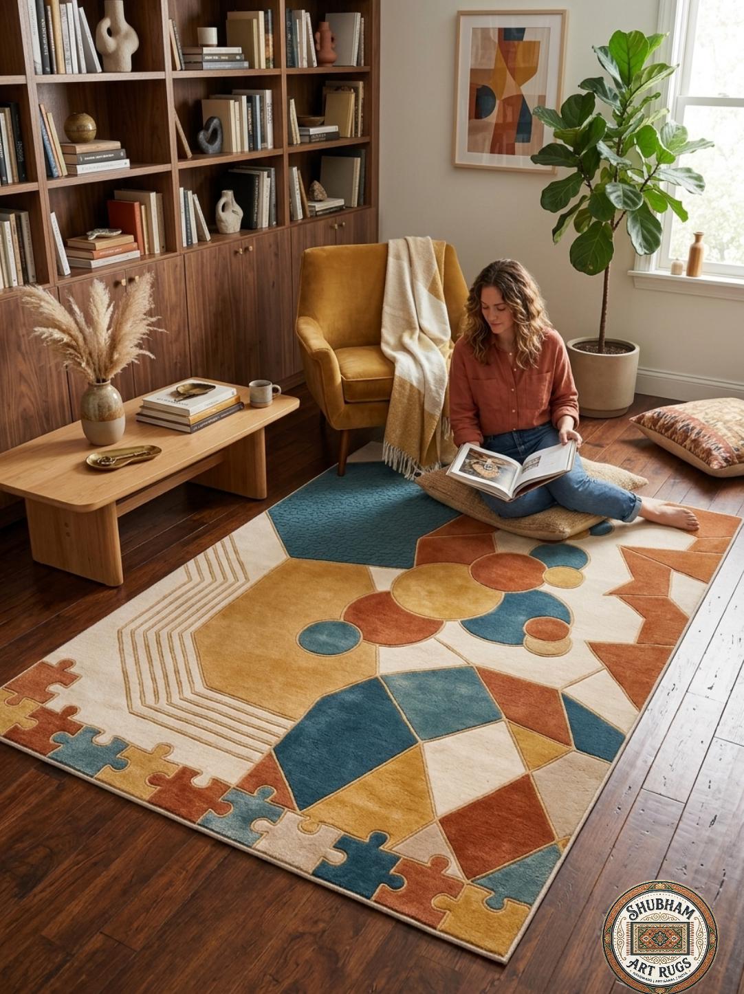 Hand Tufted Wool Rug, Abstract Geometric Puzzle Design, Modern Boho Carpet