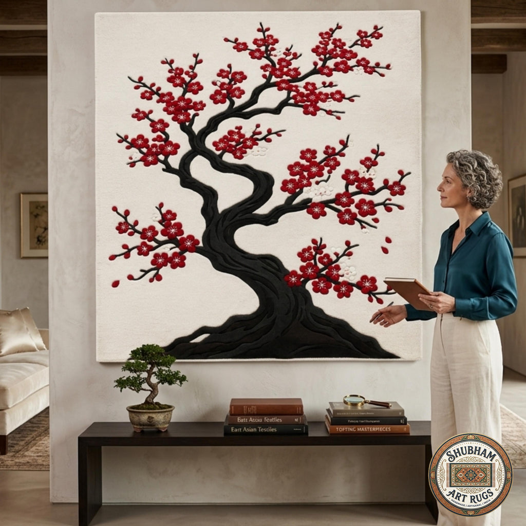 Hand Tufted Wool Rug, Japanese Cherry Blossom Floral Carpet, Round Area Rug