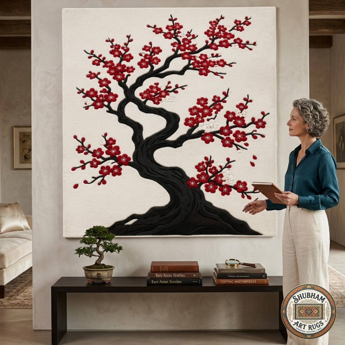 Hand Tufted Wool Rug, Japanese Cherry Blossom Floral Carpet, Round Area Rug