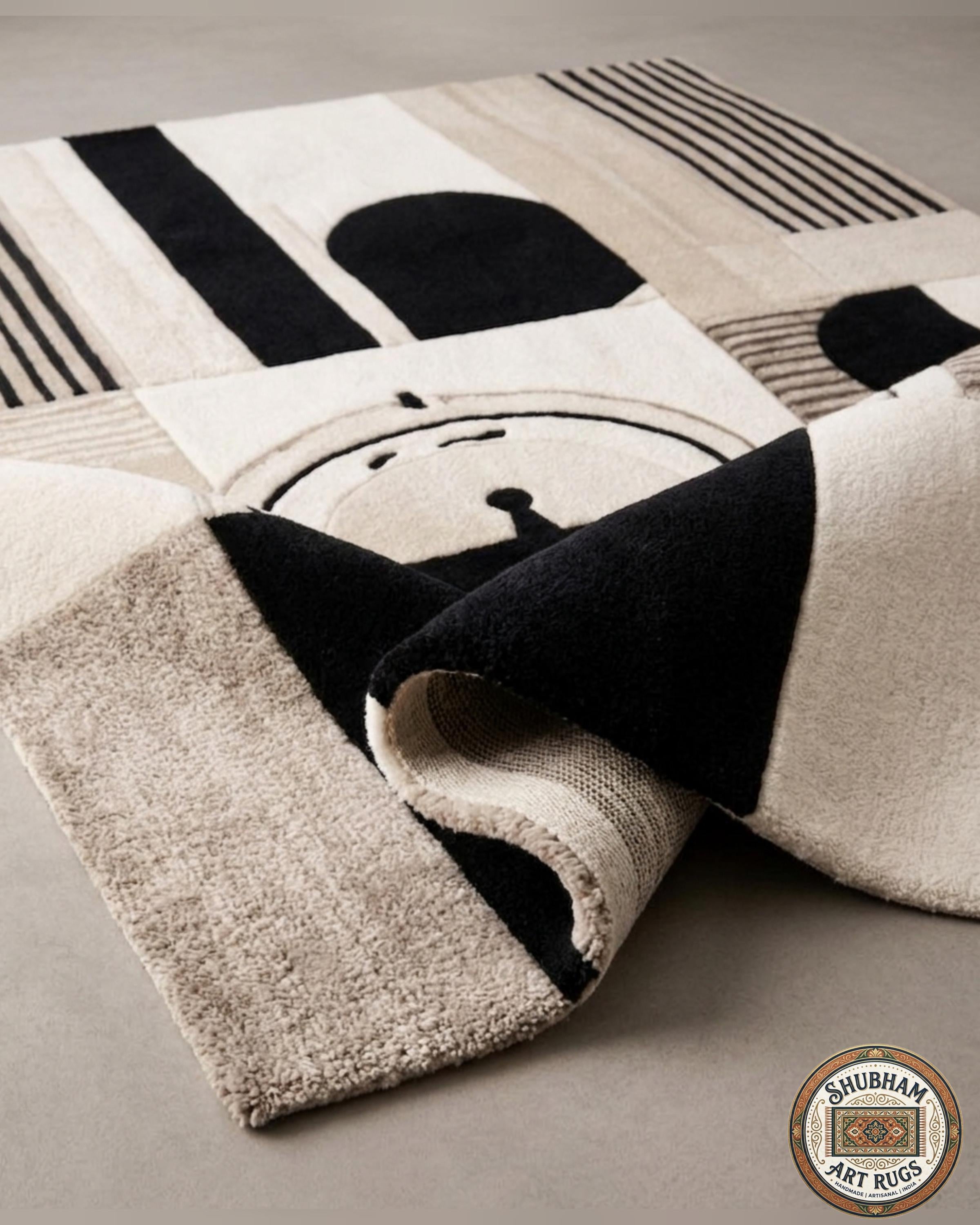 Hand Tufted Wool Rug, Modern Abstract Beige Black Carpet, Custom Area Living Room
