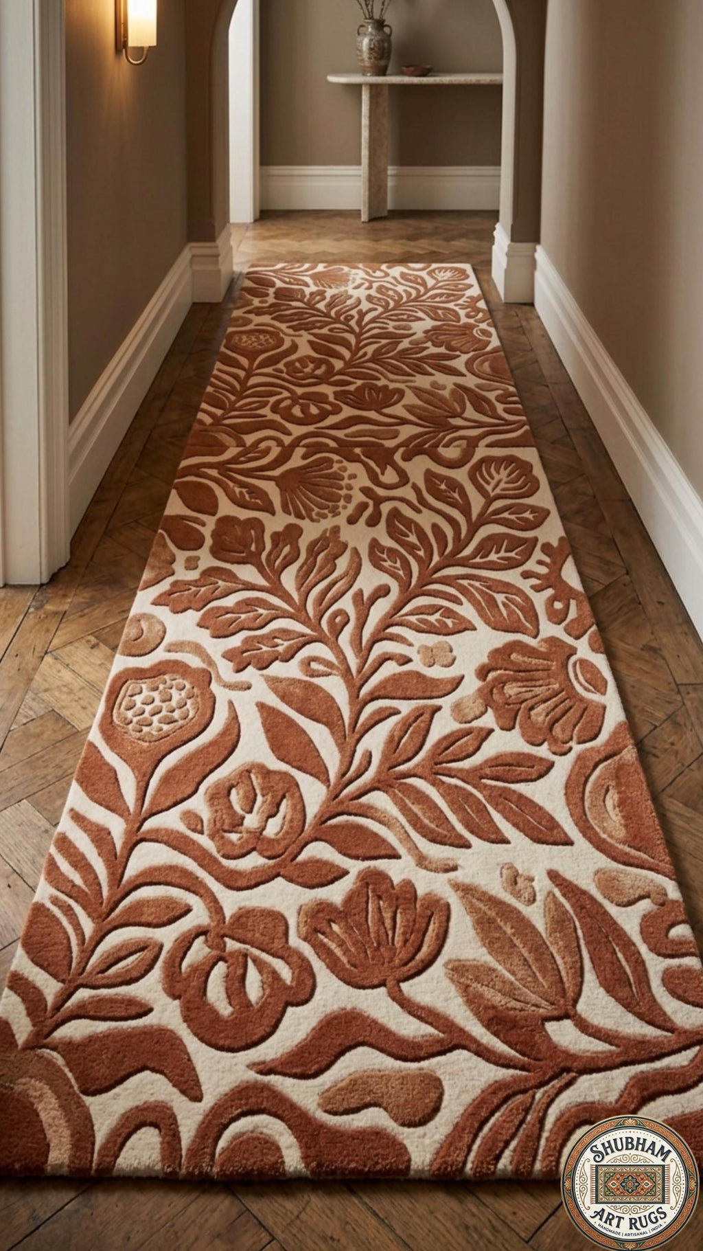 Hand Tufted Wool Rug, Abstract Botanical Terracotta, Modern Floral Area Carpet