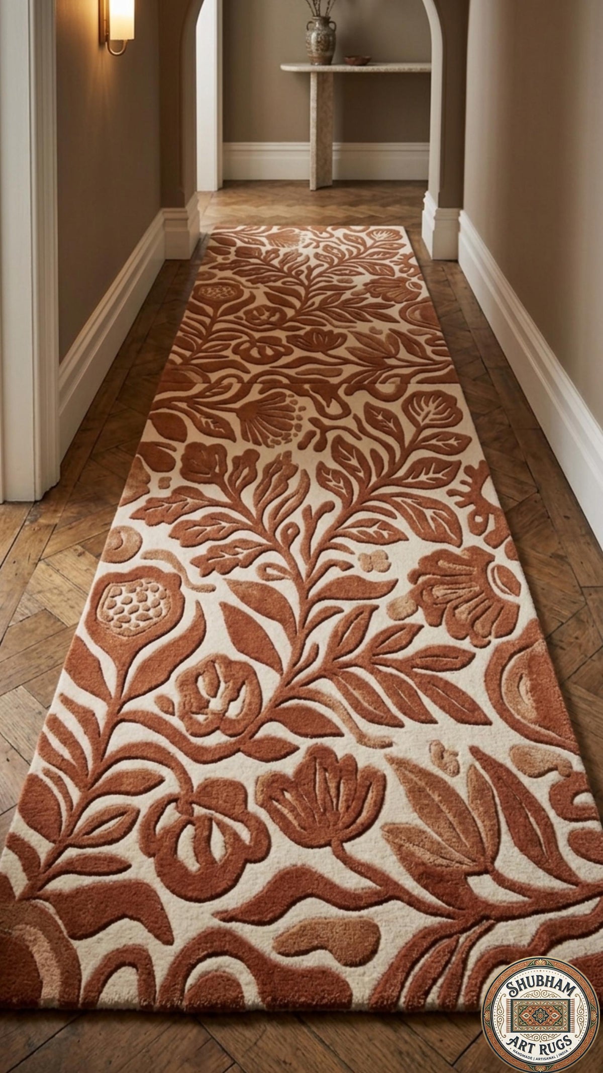 Hand Tufted Wool Rug, Abstract Botanical Terracotta, Modern Floral Area Carpet