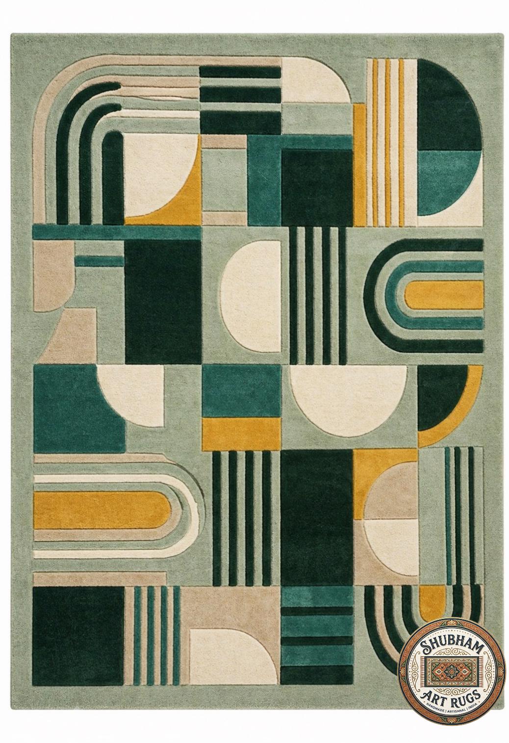 Sage Geometry Hand Tufted Wool Rug, Mid Century Modern Abstract Carpet