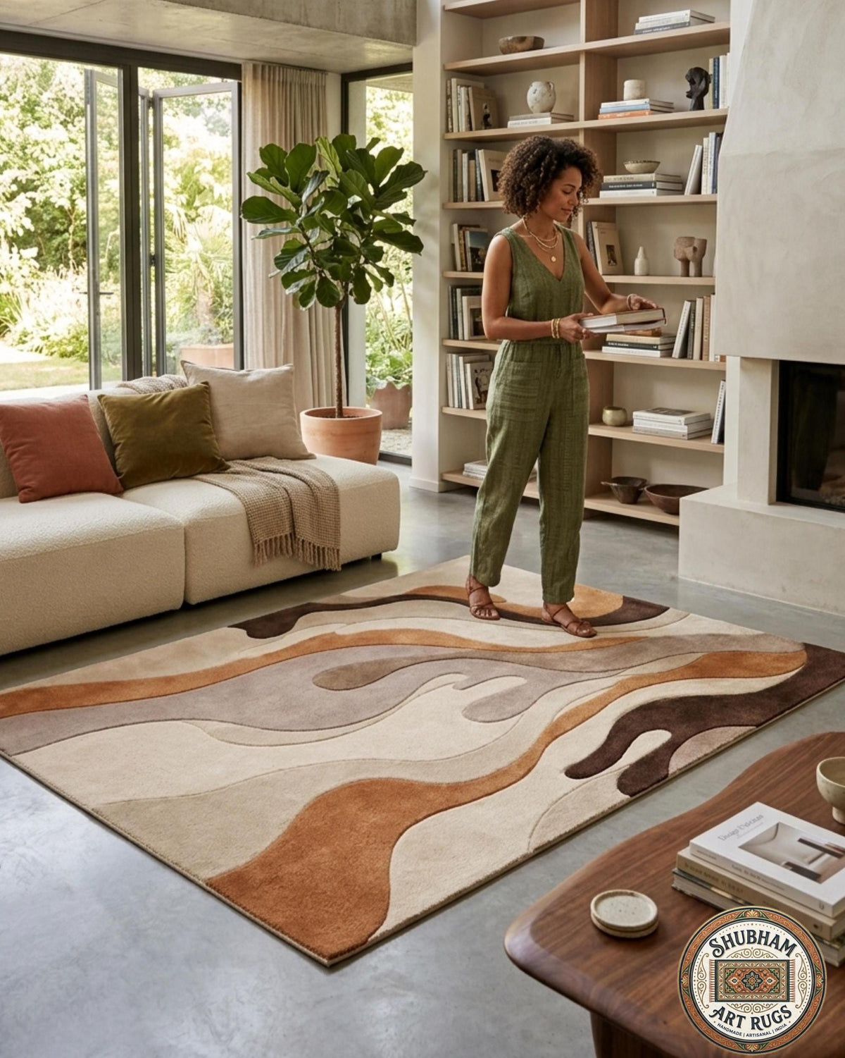 Abstract Wavy Wool Rug, Modern Neutral Beige Brown Carpet, Custom Area Rug
