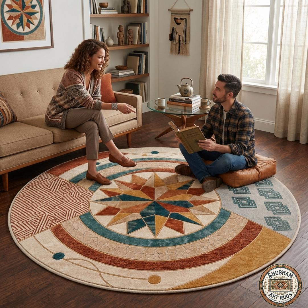 Hand Tufted Wool Rug, Geometric Compass Design, Modern Boho Living Room Carpet