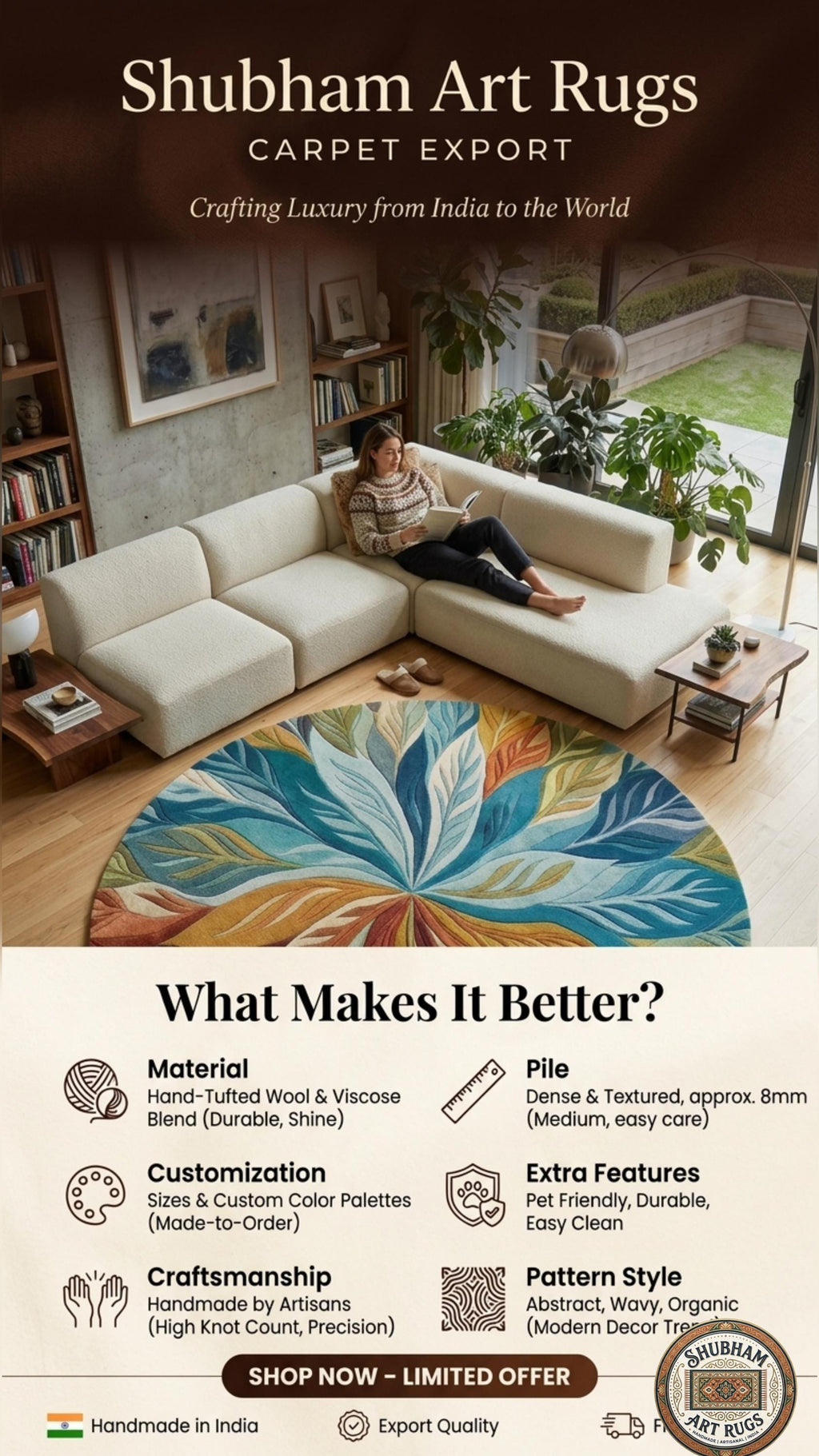 Hand Tufted Wool Leaf Rug, Botanical Area Carpet, Modern Colorful Design