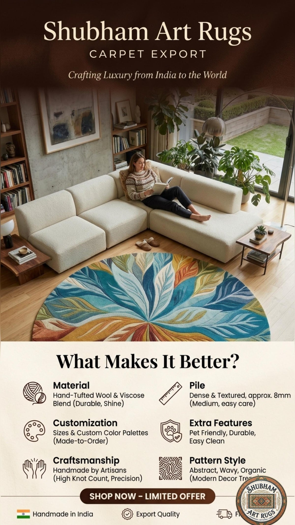 Hand Tufted Wool Leaf Rug, Botanical Area Carpet, Modern Colorful Design