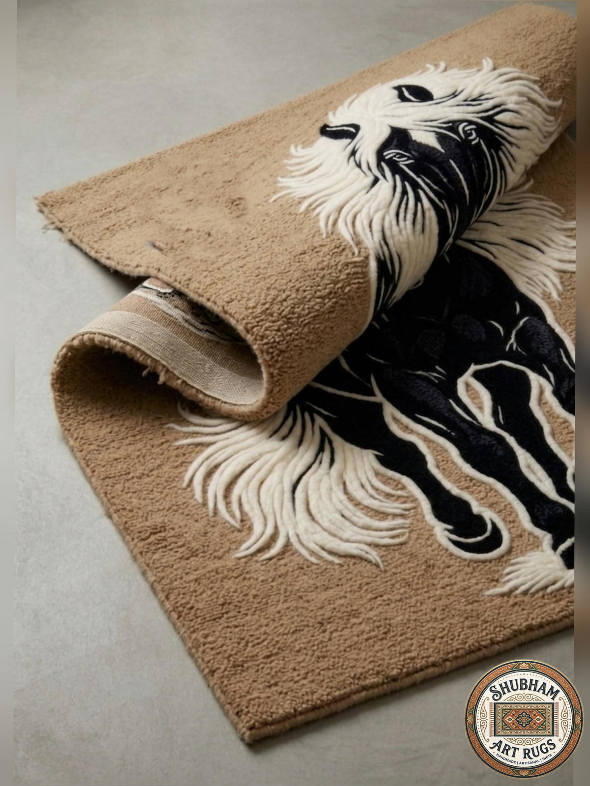 Hand Tufted Black Horse Wool Rug, Artistic Animal Area Carpet