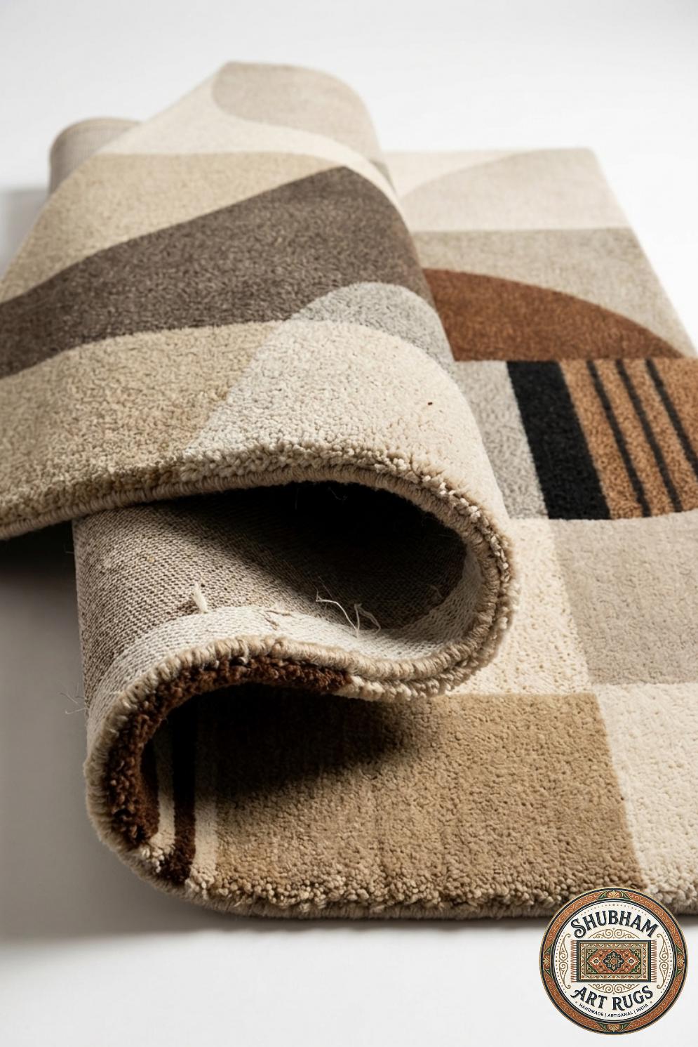 Hand Tufted Wool Rug, Neutral Geometric Abstract Carpet, Beige Brown Minimalist Indian Rug