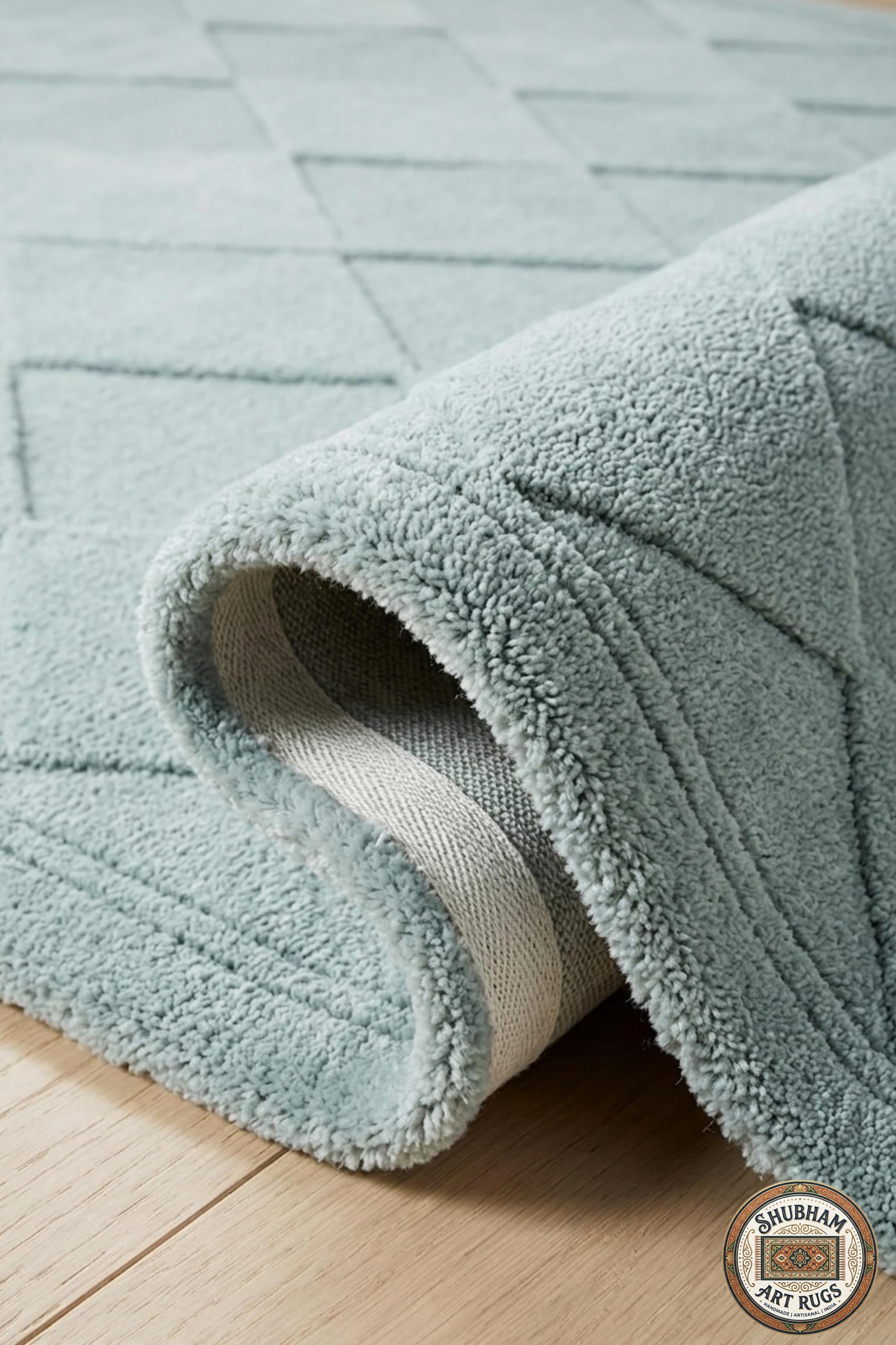 Alfombra de Lana Azul de Tufting Manual Geométrico – Tapete Moderno Minimalista para Sala de Estar
