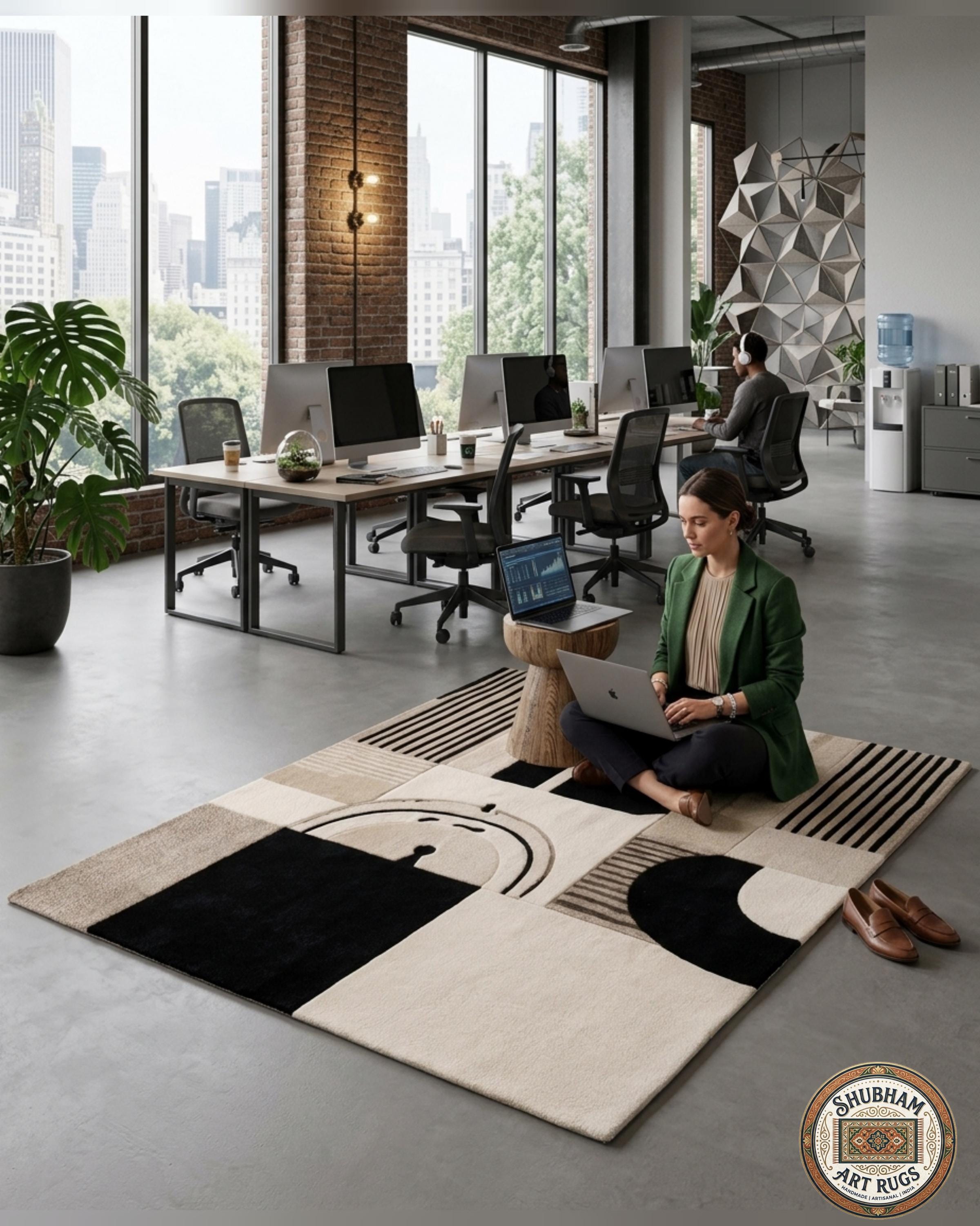 Hand Tufted Wool Rug, Modern Abstract Beige Black Carpet, Custom Area Living Room