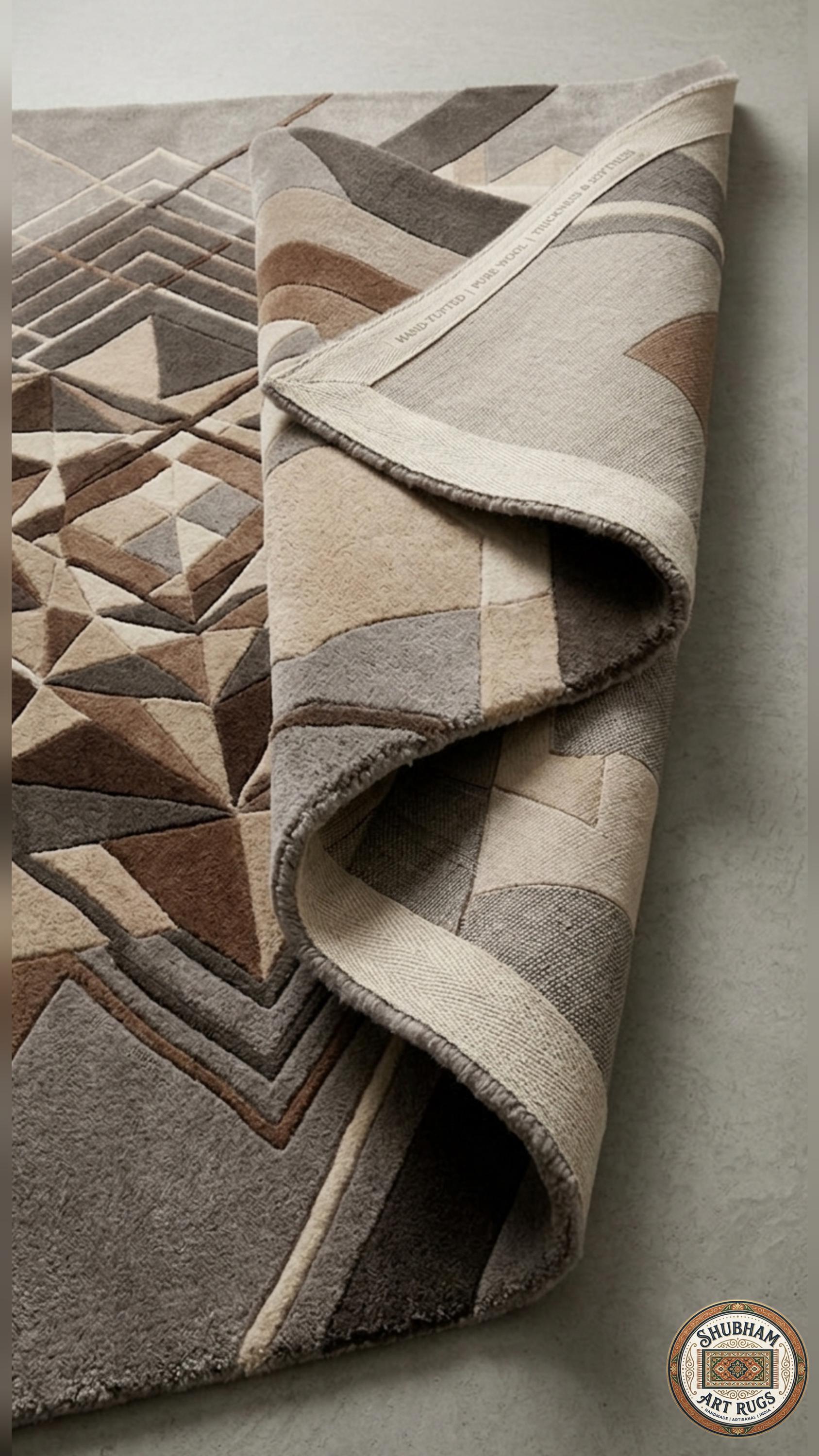 Hand Tufted Wool Rug: Modern Geometric Abstract Brown Beige Carpet