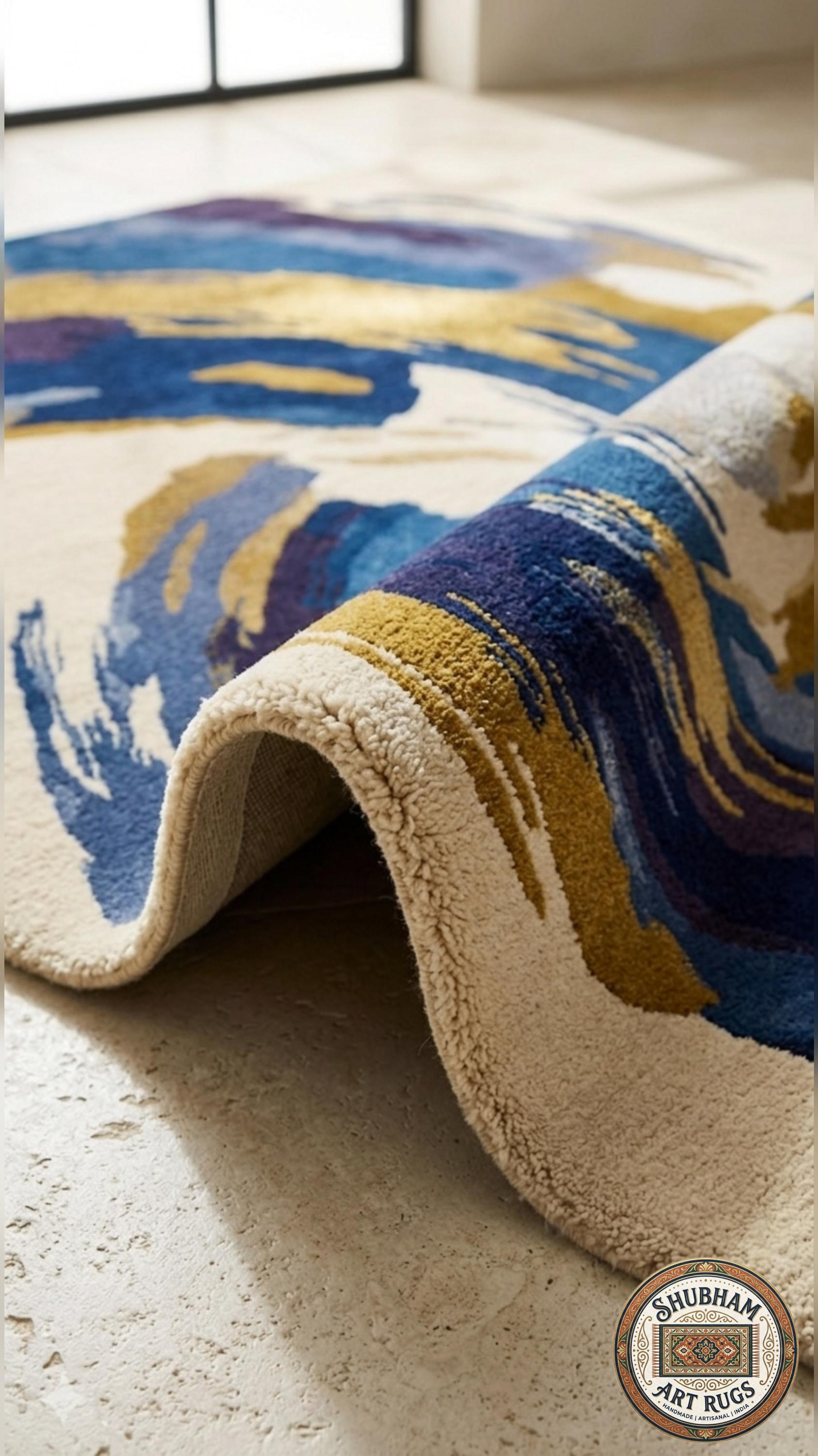 Alfombra de Lana Moderna Azul Dorado Abstracto, Hecha a Mano, de Copetudos, Tamaño Personalizado