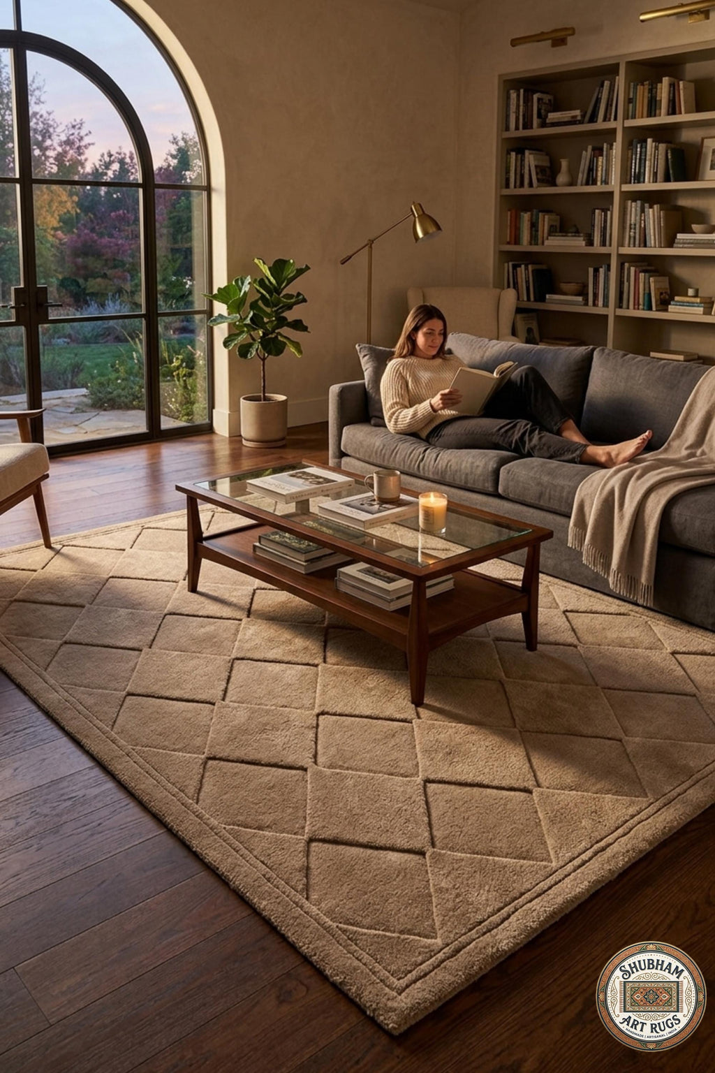 Hand Tufted Wool Rug, Beige Geometric Diamond, Modern Plush Carpet, Minimalist Home Decor
