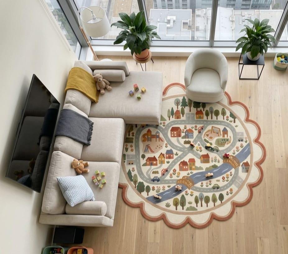 Hand Tufted New Zealand Wool Rug Kids Road Map Playroom & Nursery Area Carpet