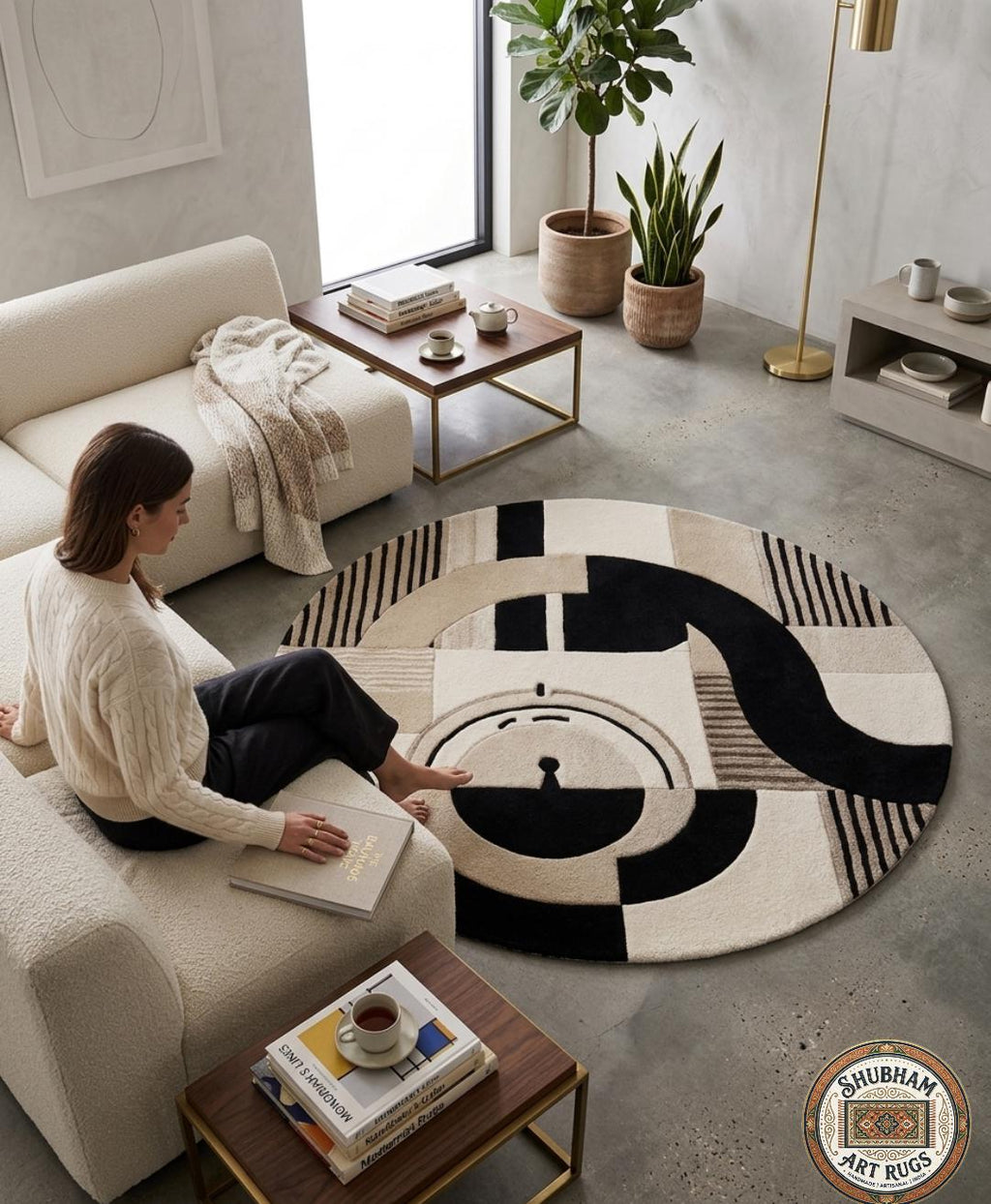 Hand Tufted Wool Abstract Round Rug, Black Beige Geometric Modern Carpet
