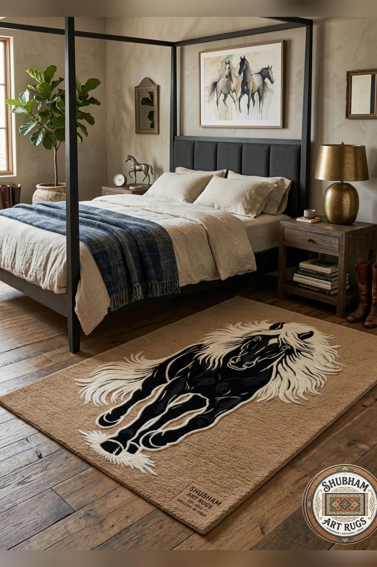 Hand Tufted Black Horse Wool Rug, Artistic Animal Area Carpet