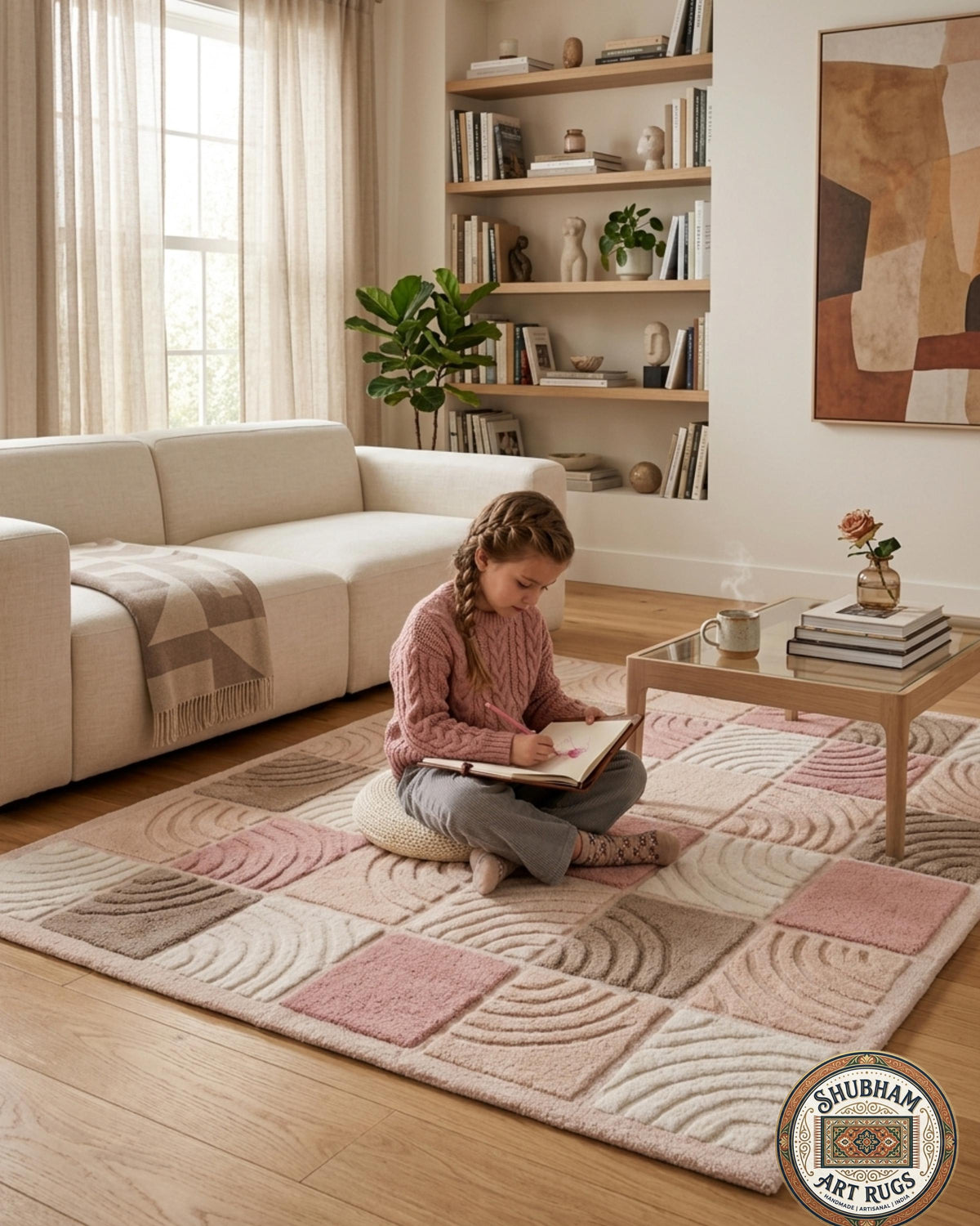 Hand Tufted Wool Rug, Soft Pink Beige Checkered Nursery Carpet, New Zealand wool