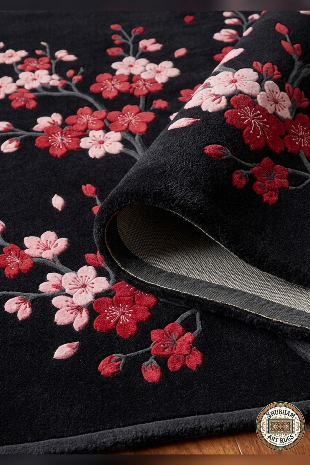 Hand Tufted Wool Cherry Blossom Rug, Japanese Floral Carpet, Black Pink Area Rug