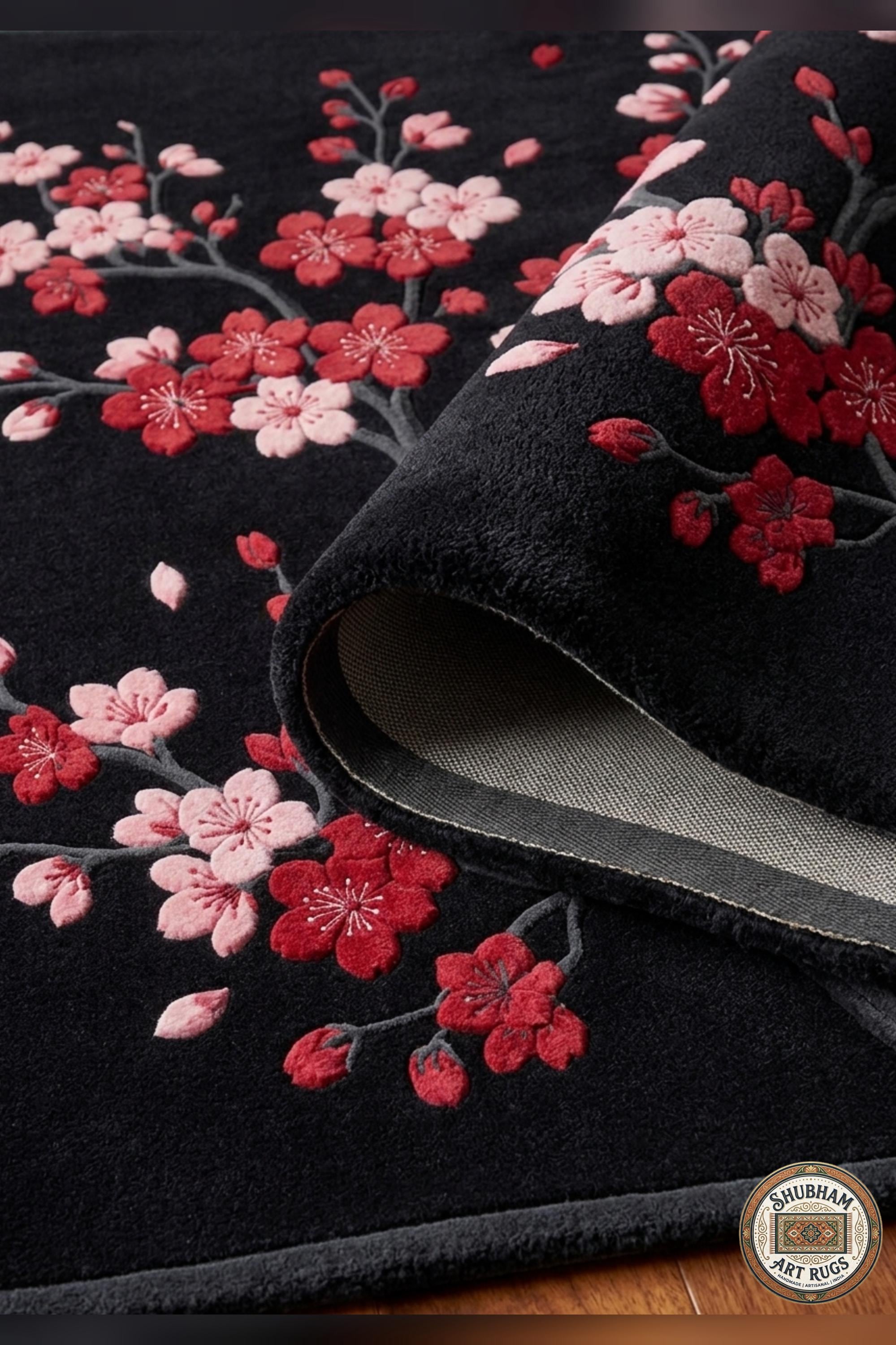 Hand Tufted Wool Cherry Blossom Rug, Japanese Floral Carpet, Black Pink Area Rug