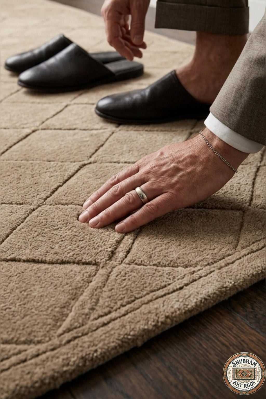 Hand Tufted Wool Rug, Beige Geometric Diamond, Modern Plush Carpet, Minimalist Home Decor