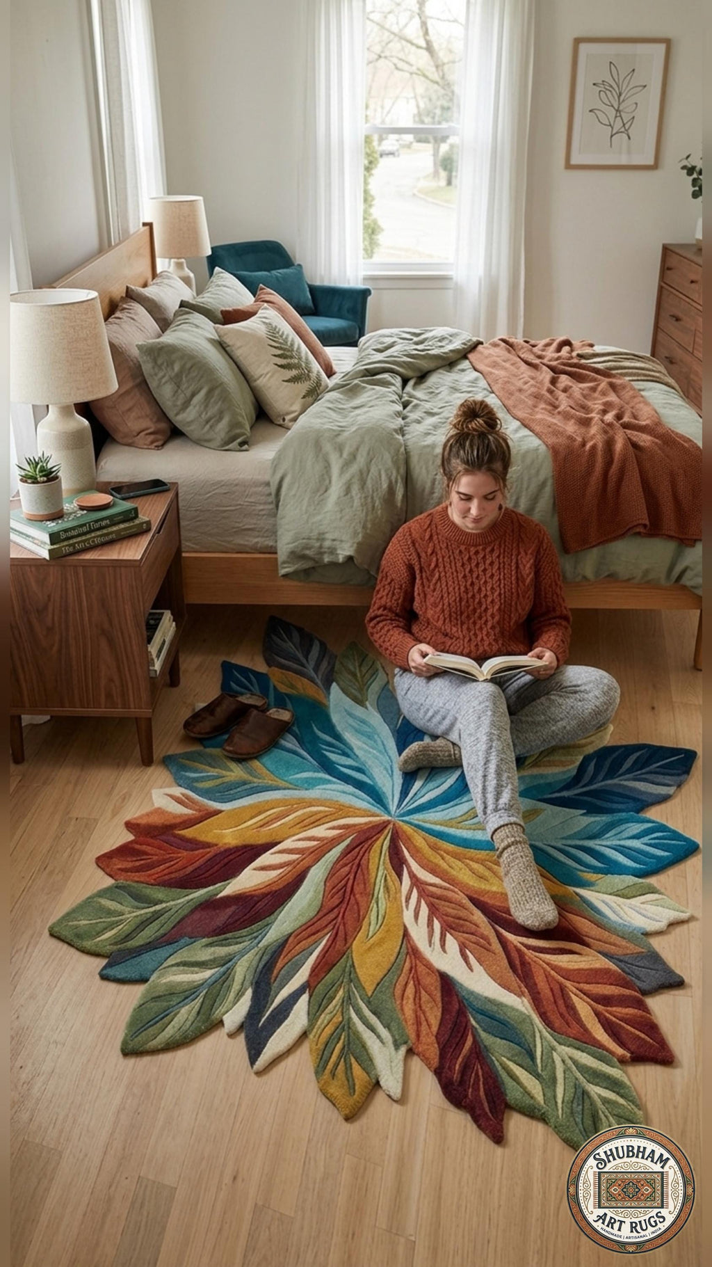 Hand Tufted Wool Leaf Rug, Botanical Area Carpet, Modern Colorful Design