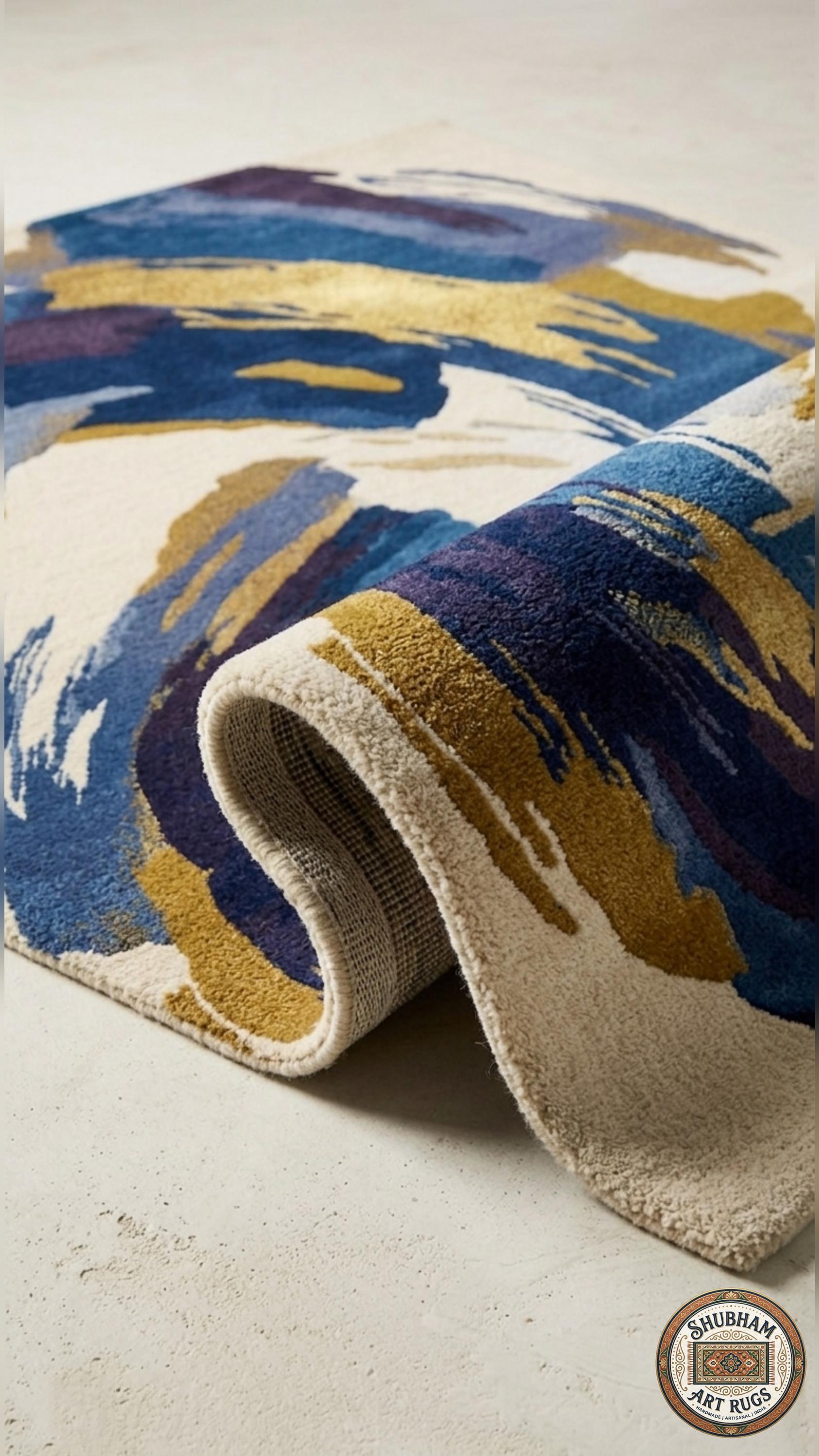 Abstract Blue Gold Wool Rug, Hand Tufted Modern Area Carpet, Custom Size