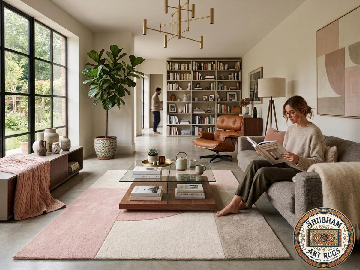 Hand Tufted Wool Rug, Soft Pink Beige Abstract Carpet, Modern Living Room Area Rug
